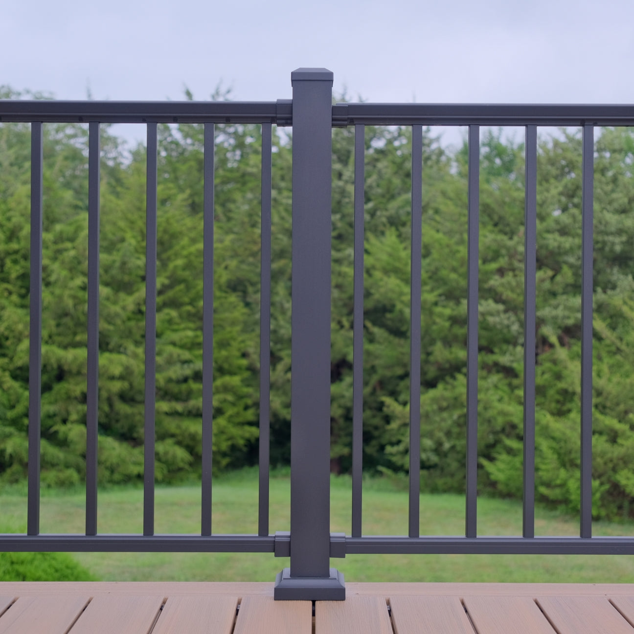 DekPro Prestige Black 40" Post installed onto composite deck with level handrail attacehed.
