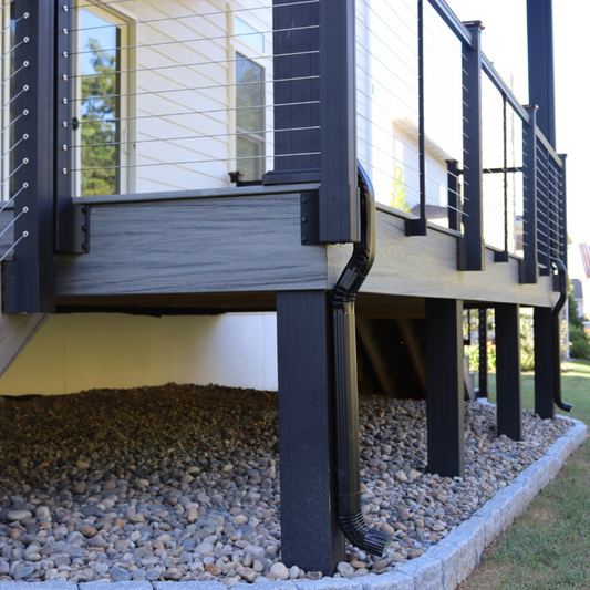 KeyLink Outside Corner Fascia Mount Bracket, Line Bracket, and Intermediate Baluster Fascia Bracket shown with horizontal KeyLink Cable Railing