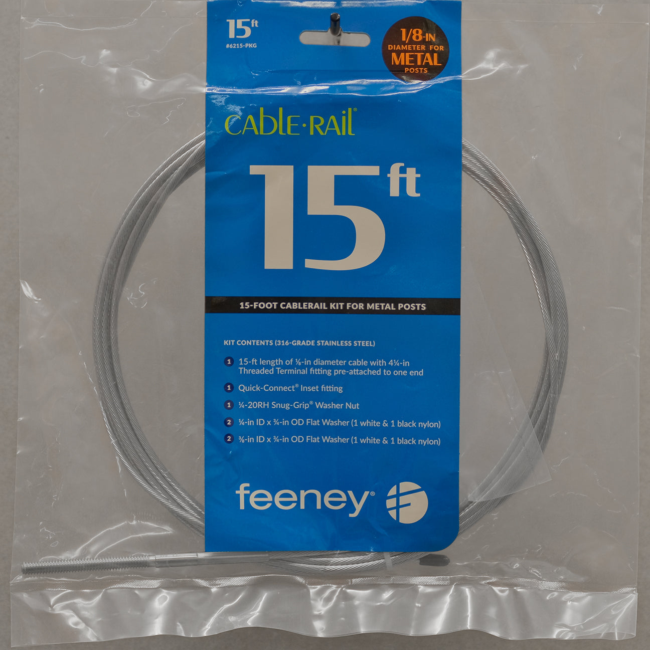 Feeney 15 foot cable rail kit packaging with blue label and clear plastic wrapping