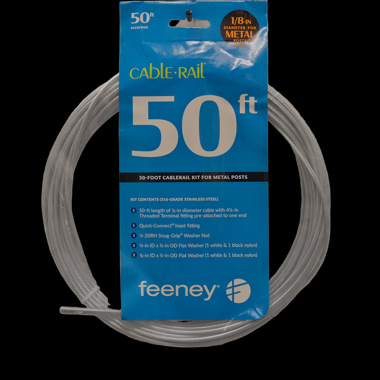 50 ft. cable rail kit for metal posts with cable, insert fitting, snug grip washer nut and washers.