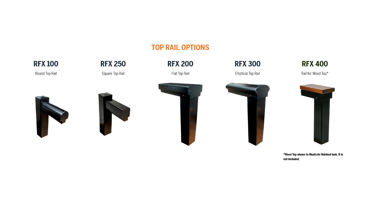 RailFX top rail options rfx100 rounded between the post top rail, rfx250 squared top profile between posts rail, rfx200 flat top 2x4 over the post profile, rfx300 oval rounded over the post top rail, rfx400 drink rail with additional top rail profile.
