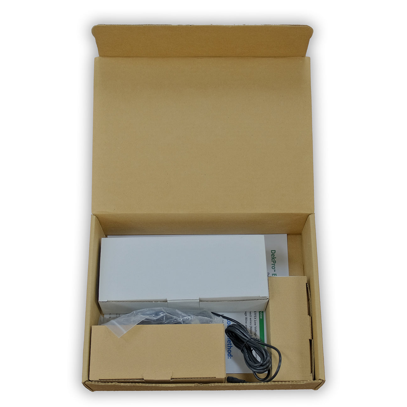 Open cardboard box of DekPro Effex Transformer Kit on a white background