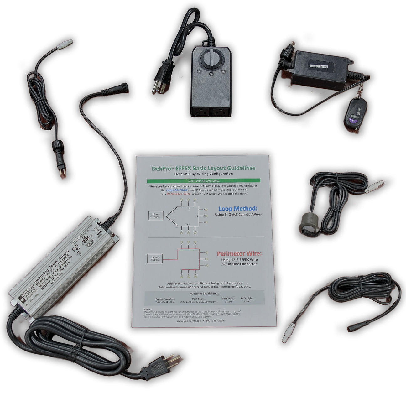 DekPro EFFEX 60 Watt Transformer Kit unpackaged on a white background.