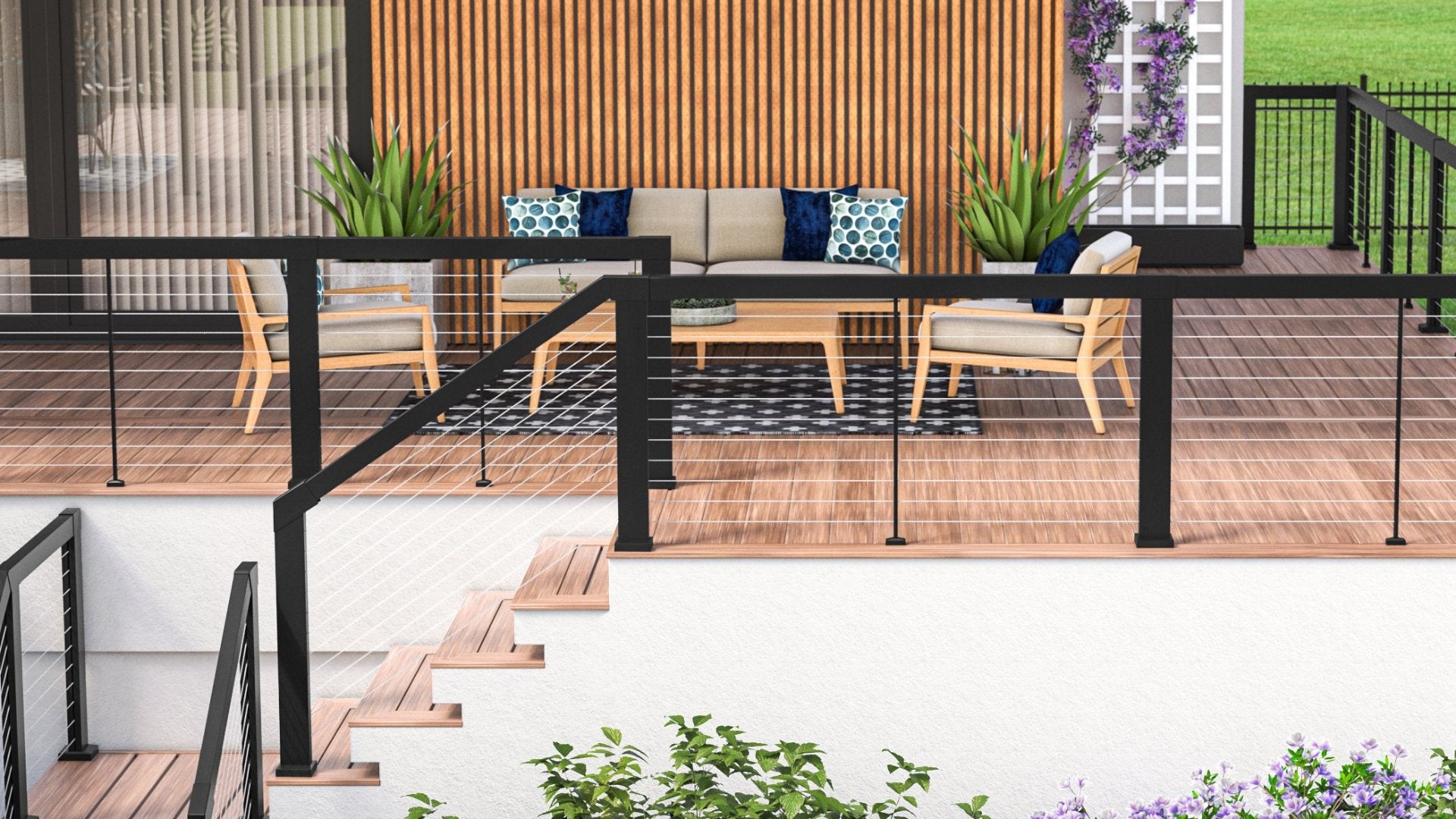 Elevation by RDI Horizontal Cable System showing various posts along with level and stair railing sections