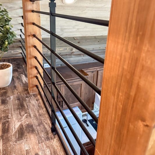 Wooden posts with aluminum rod rail kit infill from dekpro includes 8 rods for 36 inch railing, rod brackets for level, and mid-post with footblocks