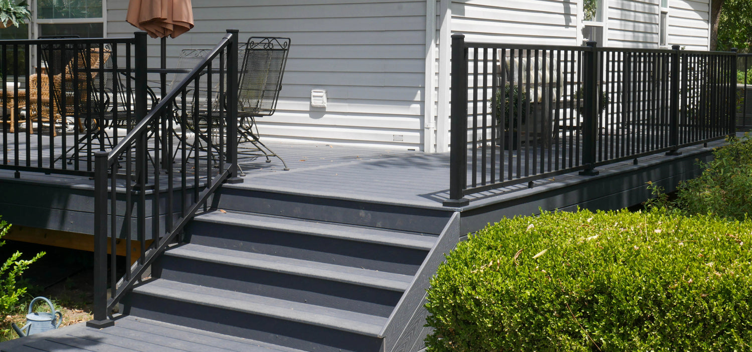 Back deck hang out with beautiful wide gray stairs and deck railing from the best westbury cten tuscany c10 railing in black tex