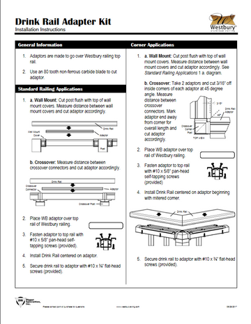westbury drink rail addapter rail attached to top rail of westbury rail kits and attaches to a deck board for drinkrail over the post flat top railing