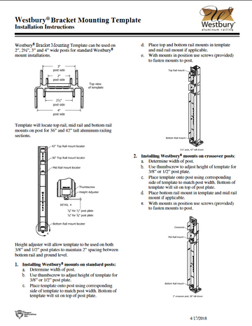 Westbury bracket mounting template attaches to posts and sets brackets at a conistent height, learn more about westbury jig rail post tool