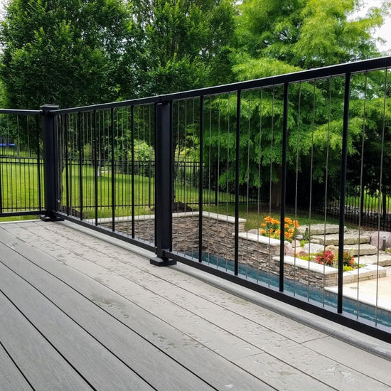 Black Stainless steel cable railing cable wire handrail black text. C-80 VertiCable westbury seriers cable
