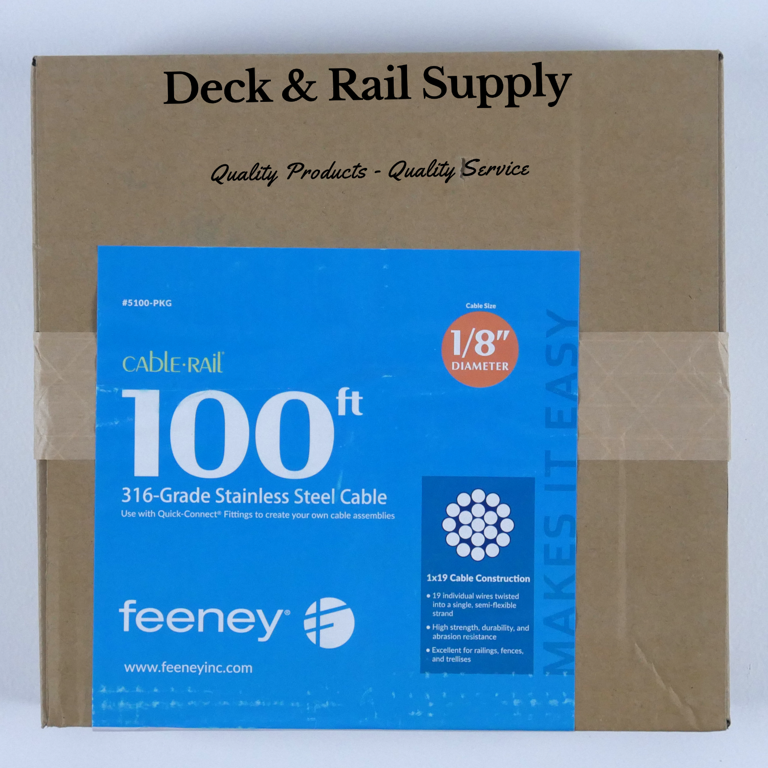 100 feet of 1/8" sized cable 1x19 100' stainless steel feeney cable
