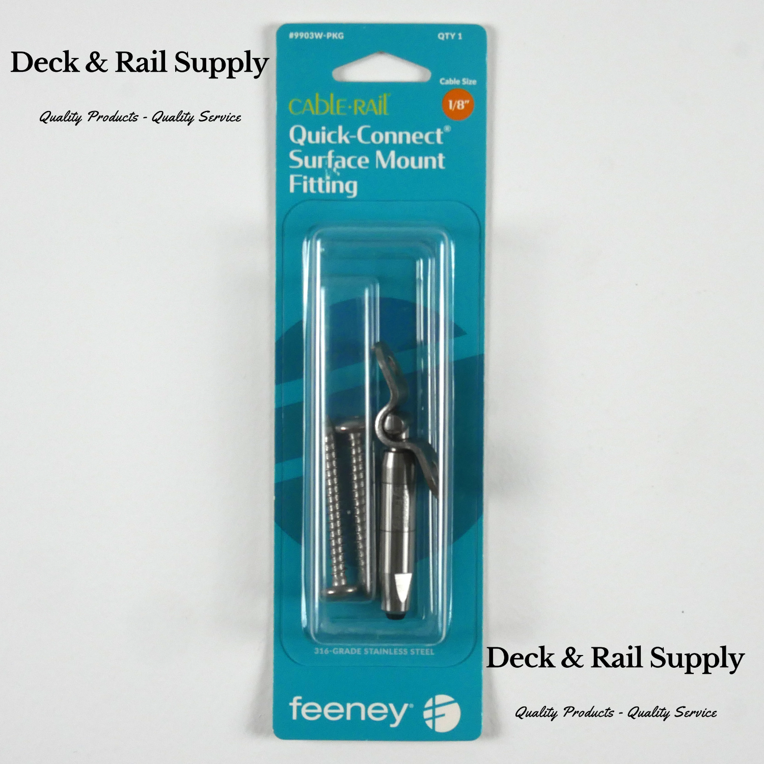Feeney 9903 Fixed Surface Mount Quick-Connect Fitting attaches to wood surfaces and allows for a large angle range. Install the fitting with bracket vertical for stair railing, or install bracket horizontal for level angle swivel railing.
