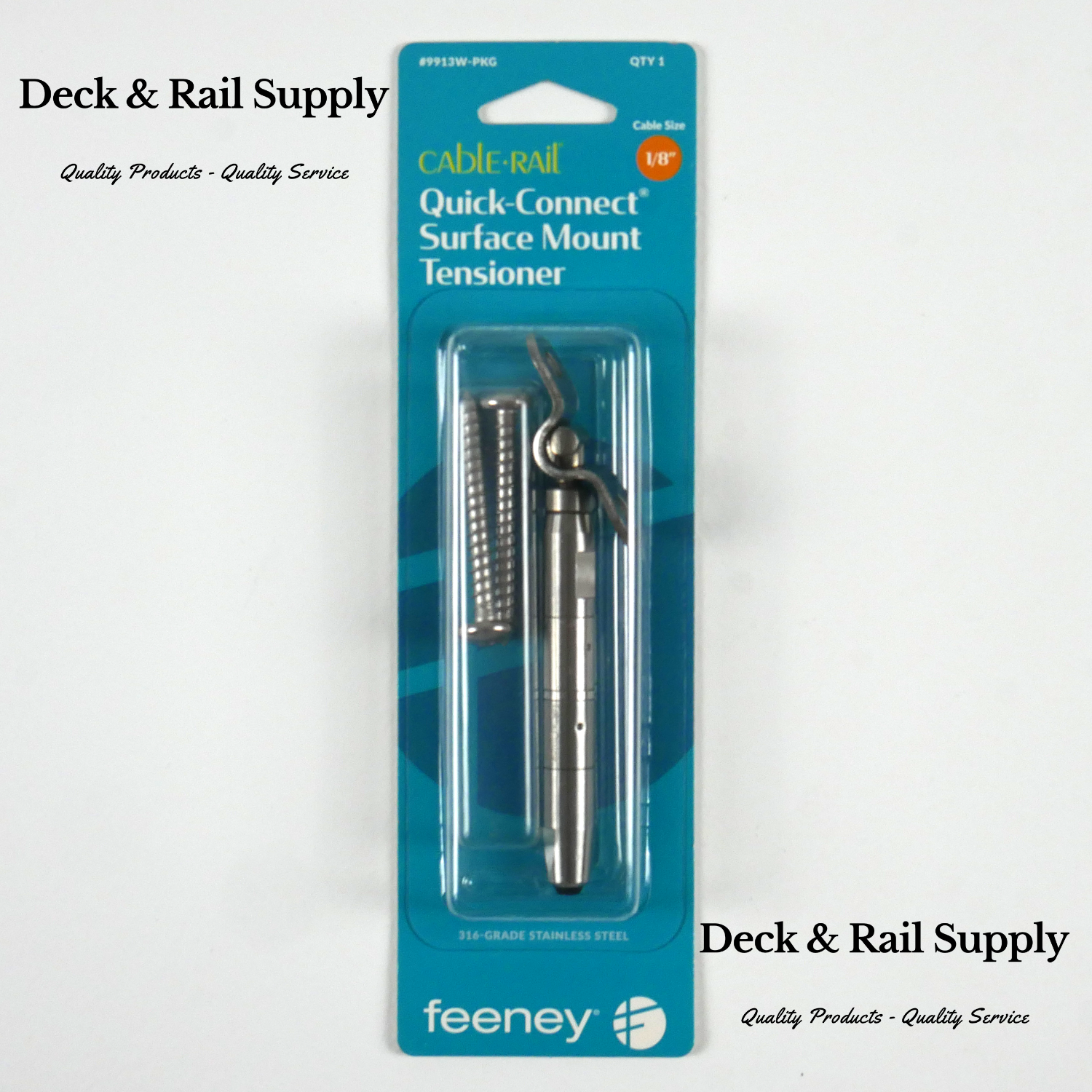 Feeney Surface Mount Tensioner QuickConnect Fitting by Feeney 9913 pairs great with 9903 and is adjustable for level or stair installation