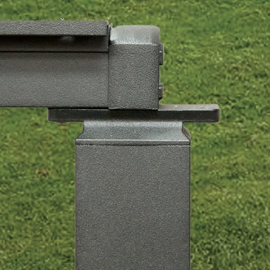 Level Westbury 2" Crossover Post with top crossover insert showing one side connected with level railing and the other side yet to be installed