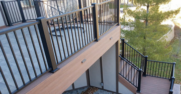 Westbury 4x4 Post and Tuscany C10 Railing, Stone Deck, PVC Decking stairs, PVC deck skirting, Cedar Creek Olathe, Decks Lights and Design By Dan