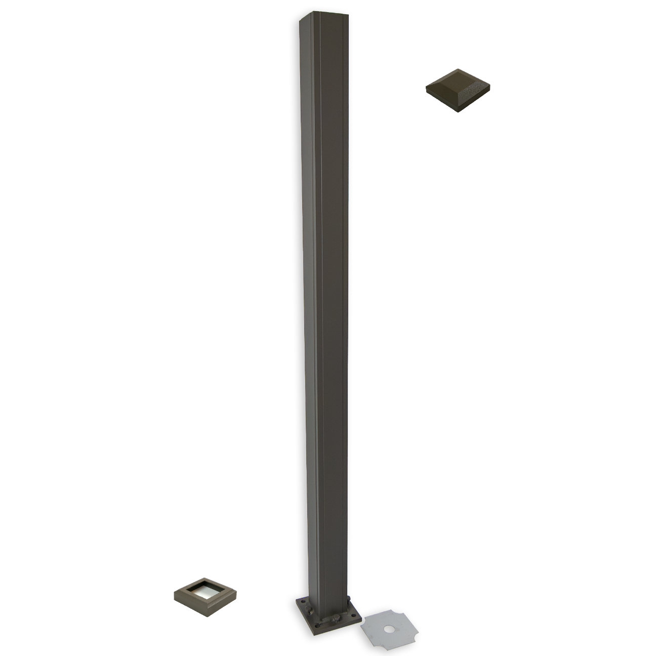 Bronze Advantage tall stair post 44 inch 2-1/2" x 2-1/2" Aluminum Post kit with cap and flair and attached base flange with four holes to install and level posts