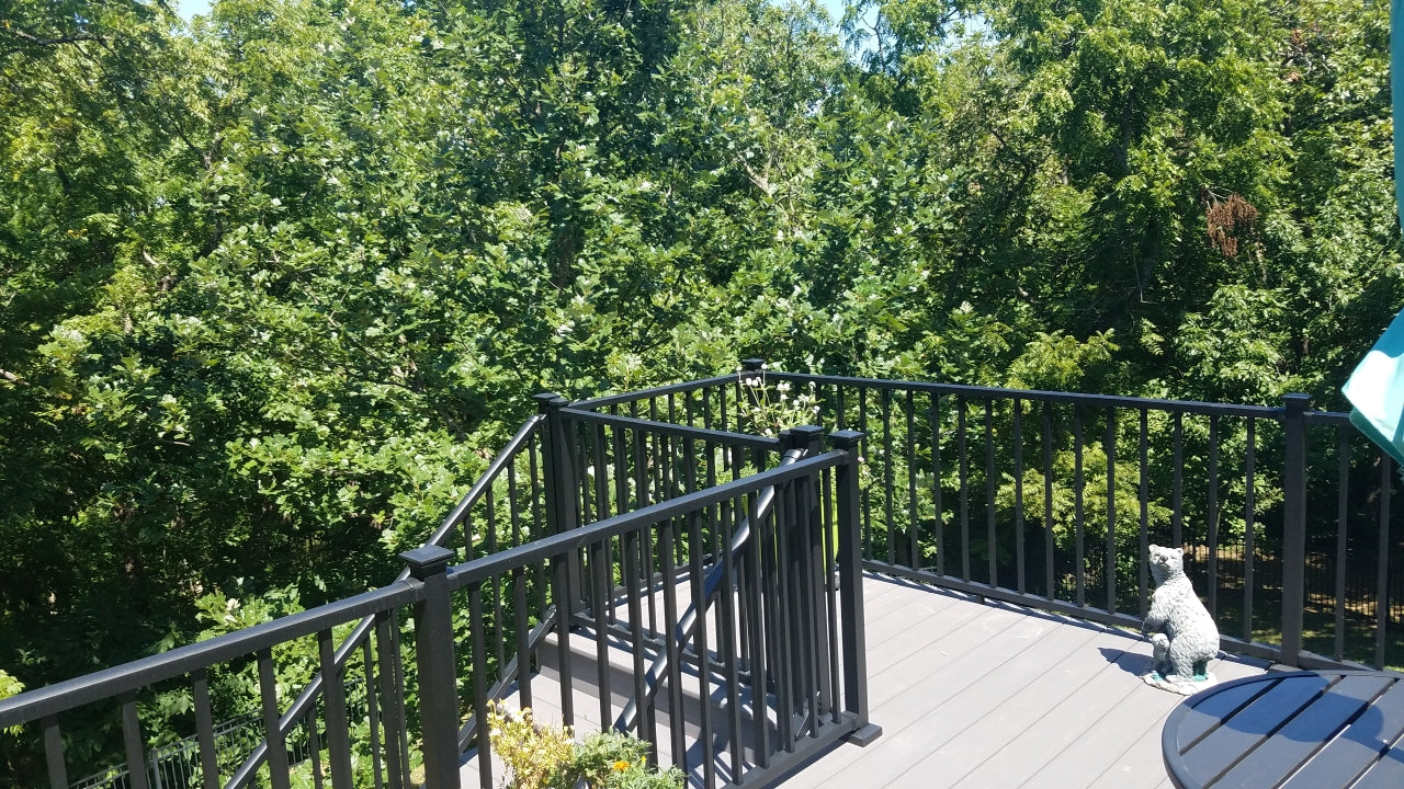 Deck top landing in summer of westbury railing with a gate, all composite decking with all aluminum handrail black tusacny c10