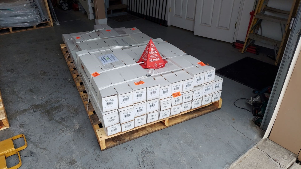 Shipping Pallet with Railing Ready to be shipped. Railing shipped on 4x8 skid pallets are the best way to transport large orders of railing! Railing is neatly stacked and banded to the pallet before shipping to anywhere in the United States!