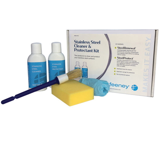 Stainless Steel Cleaner and Protectant Kit includes cable cleaner and cable protector with brush, sponge, and gloves
