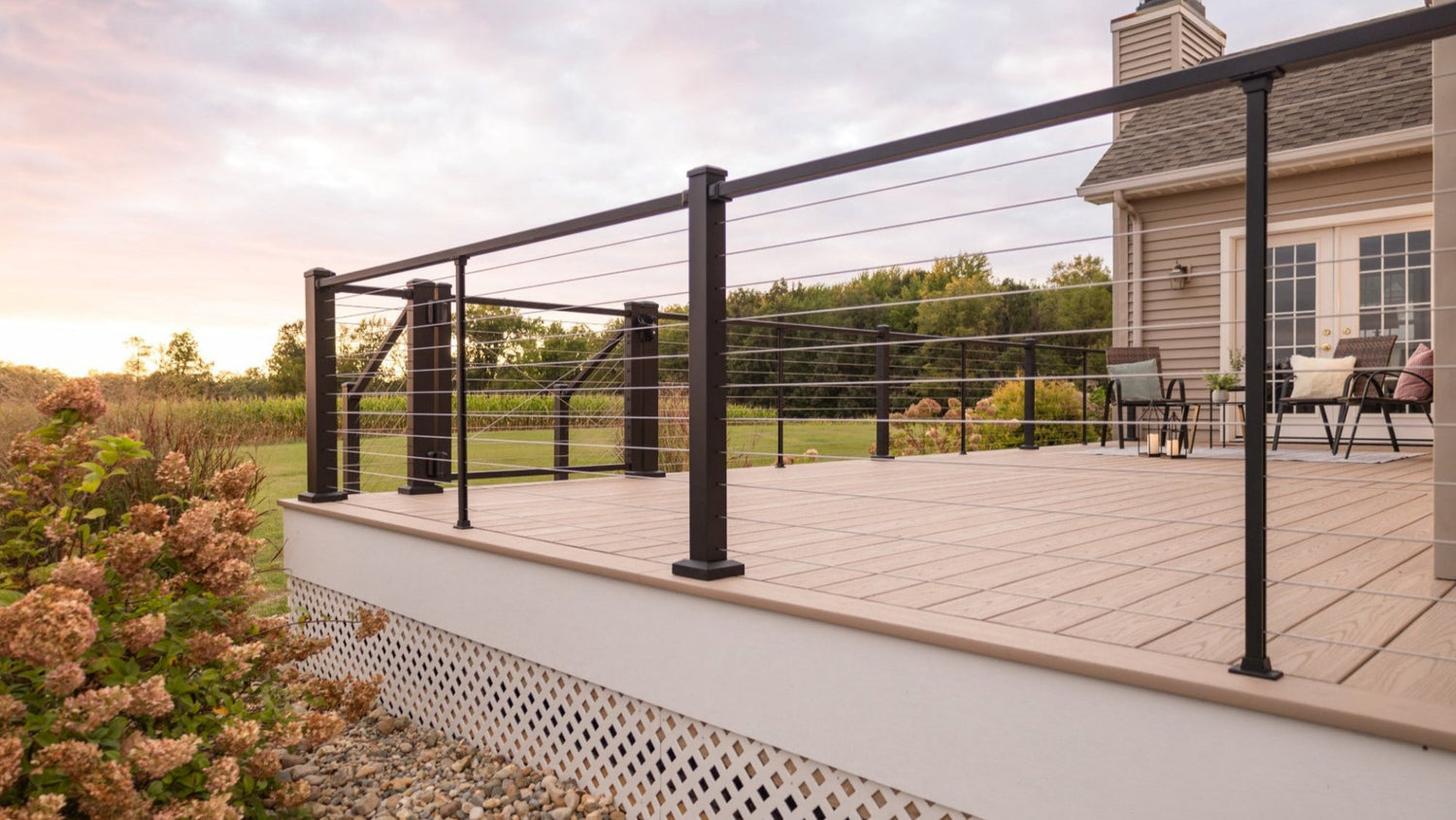 Westbury C90 Bella Cavo horizontal stainless steel cable railing on  a quaint back deck with open view railing for 