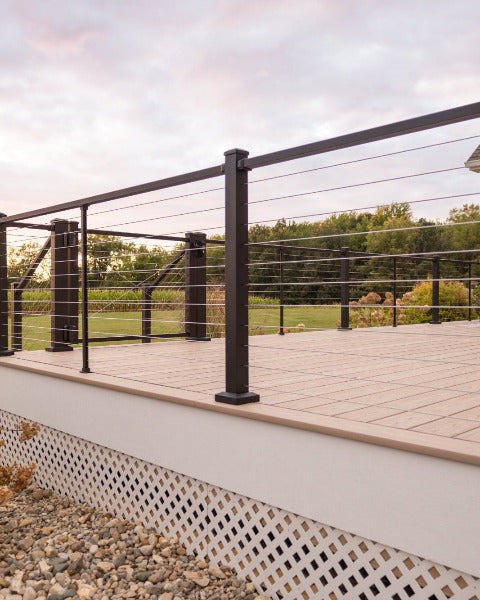 Westbury C90 Bella Cavo horizontal stainless steel cable railing on  a quaint back deck with open view railing for mobile