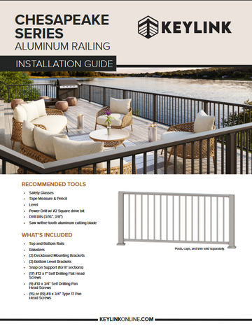 Keylink Chesapeake Series Aluminum Railing installation guide with a deck scene and product image.