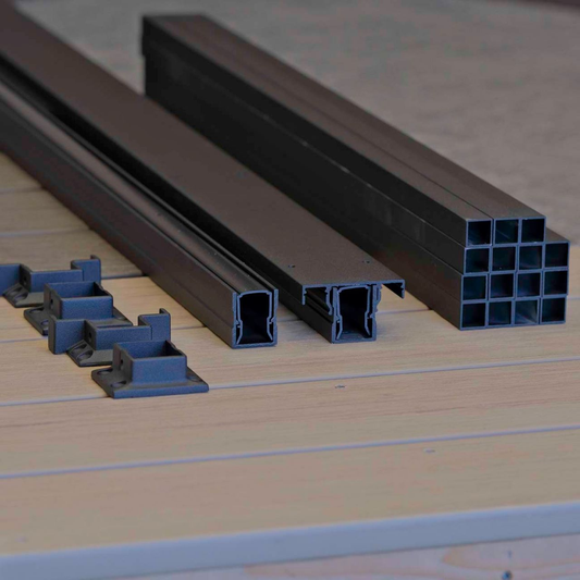 Chesapeake Aluminum Square Baluster Railing Kit by KeyLink with pickets and rail brackets included.