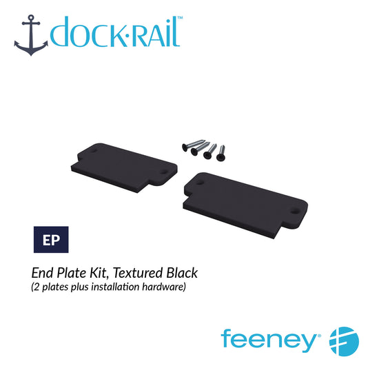 Dock Rail end plate kit with textured black plates and installation hardware on a white background.