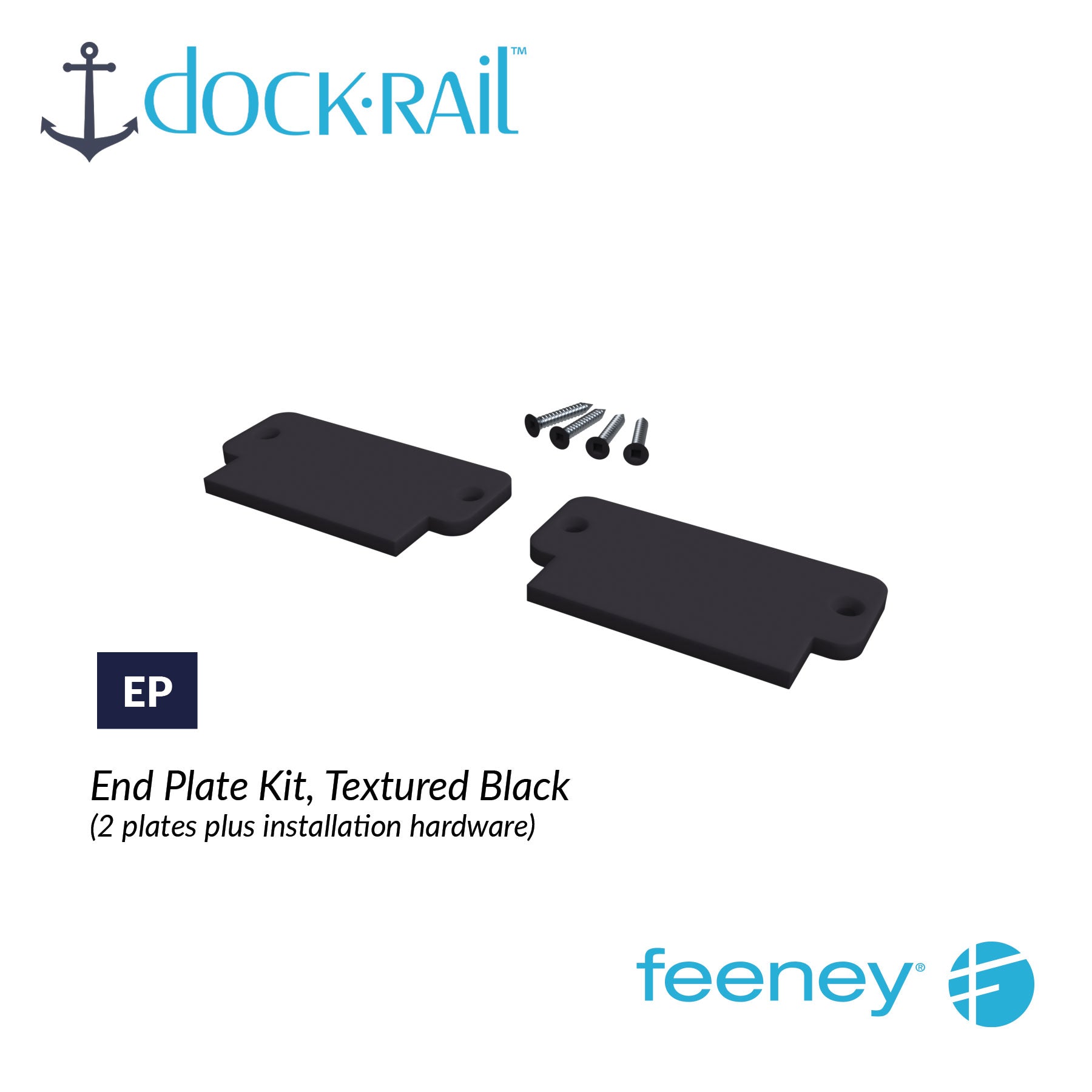Dock Rail end plate kit with textured black plates and installation hardware on a white background.