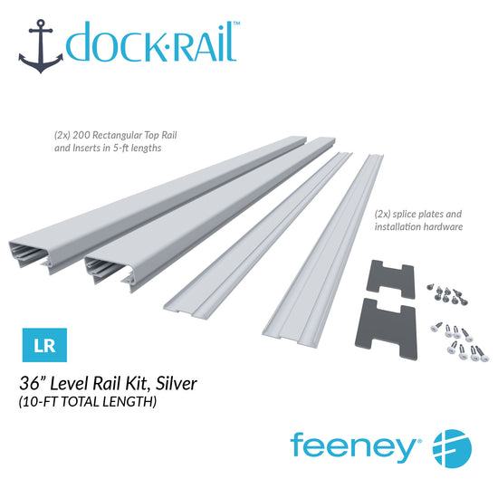 Dock rail kit with splices and installation hardware on a white background, featuring Feeney brand.