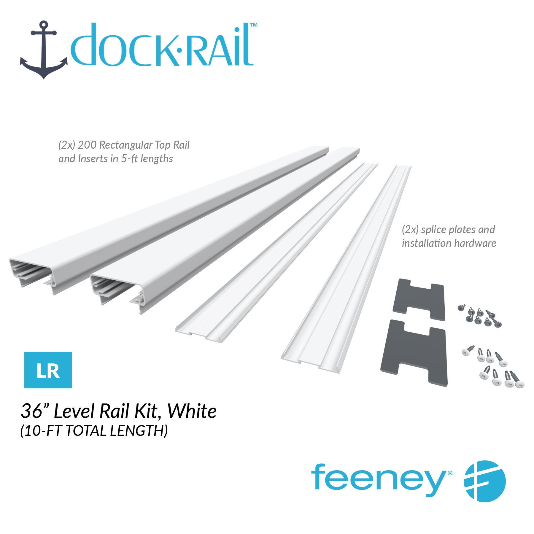 Dock rail kit with components on a white background, featuring the Dock Rail and Feeney logos.