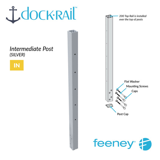 Silver dock rail intermediate post with installation diagram on a white background