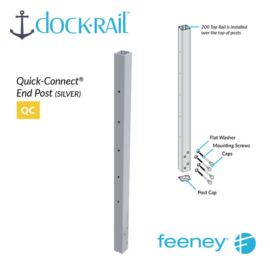 Dock Rail Quick-Connect End Post with assembly diagram on a white background