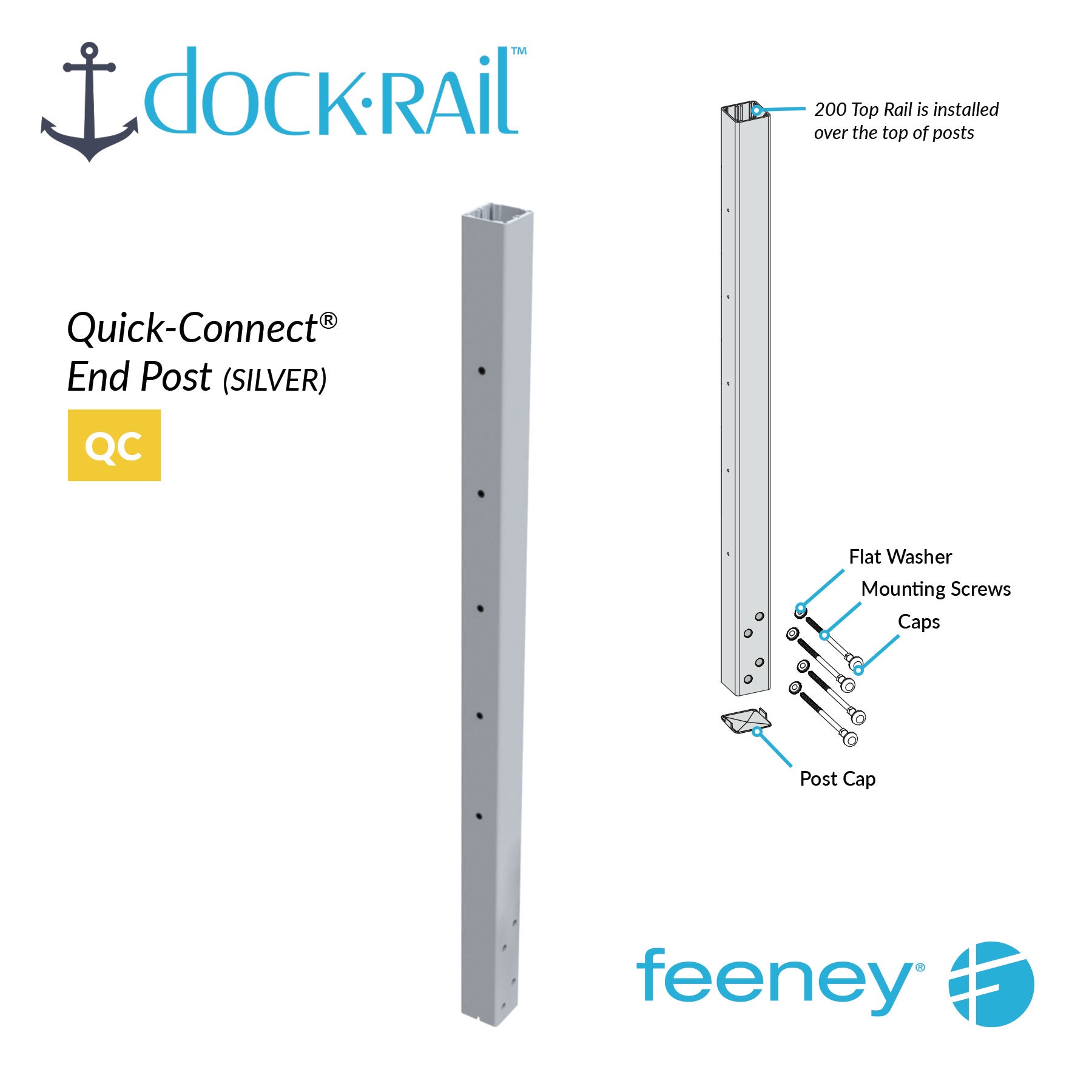 Dock Rail Quick-Connect End Post with assembly diagram on a white background