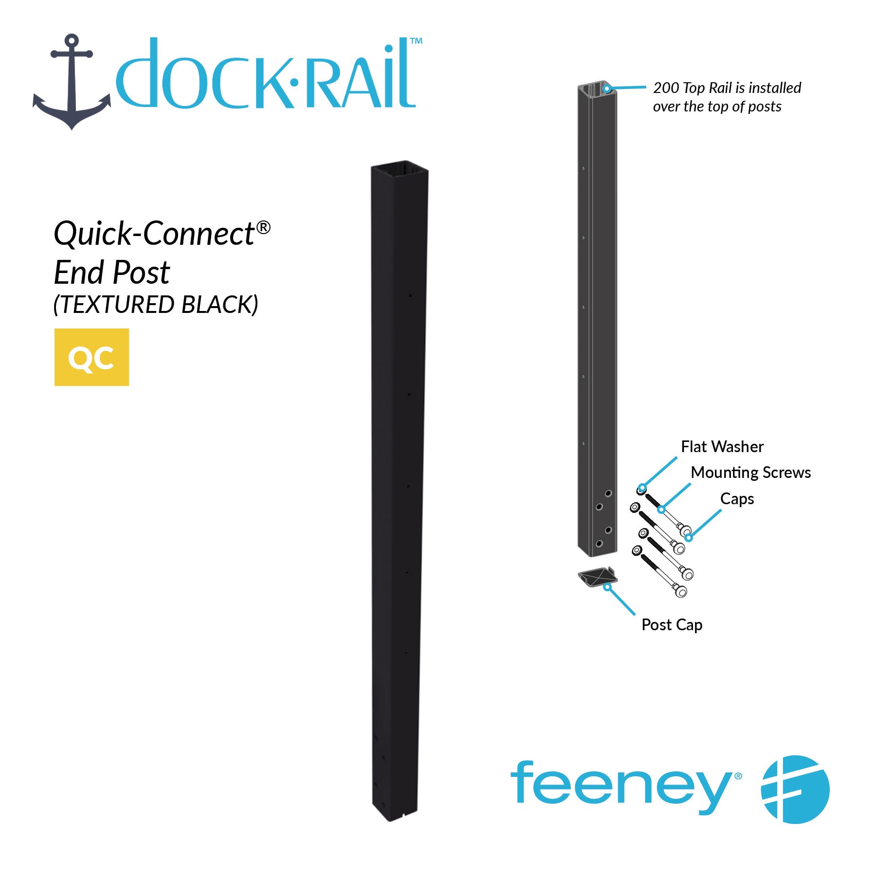 Dock Rail Quick-Connect End Post with assembly diagram on a white background
