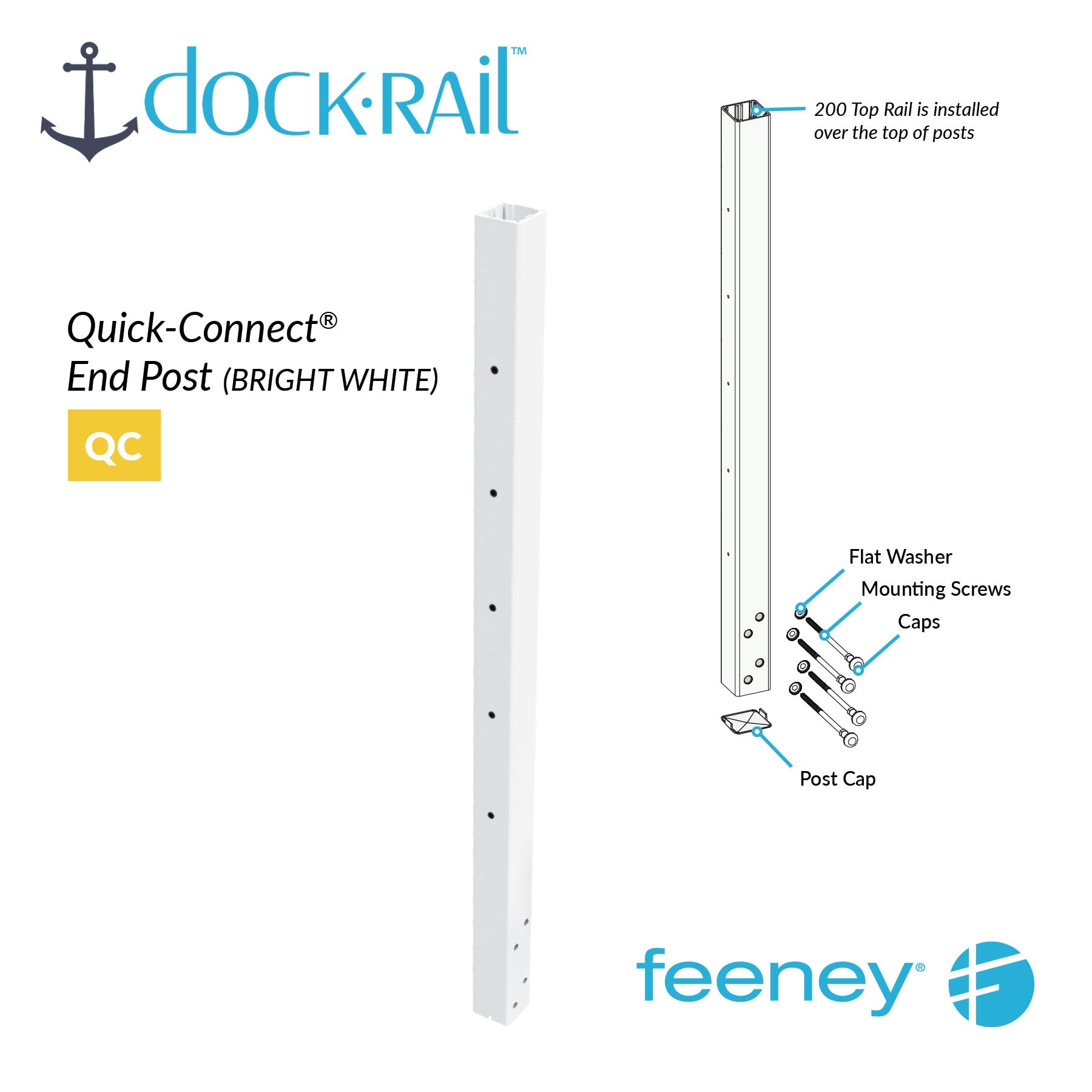 Dock Rail Quick-Connect End Post with assembly diagram on a white background