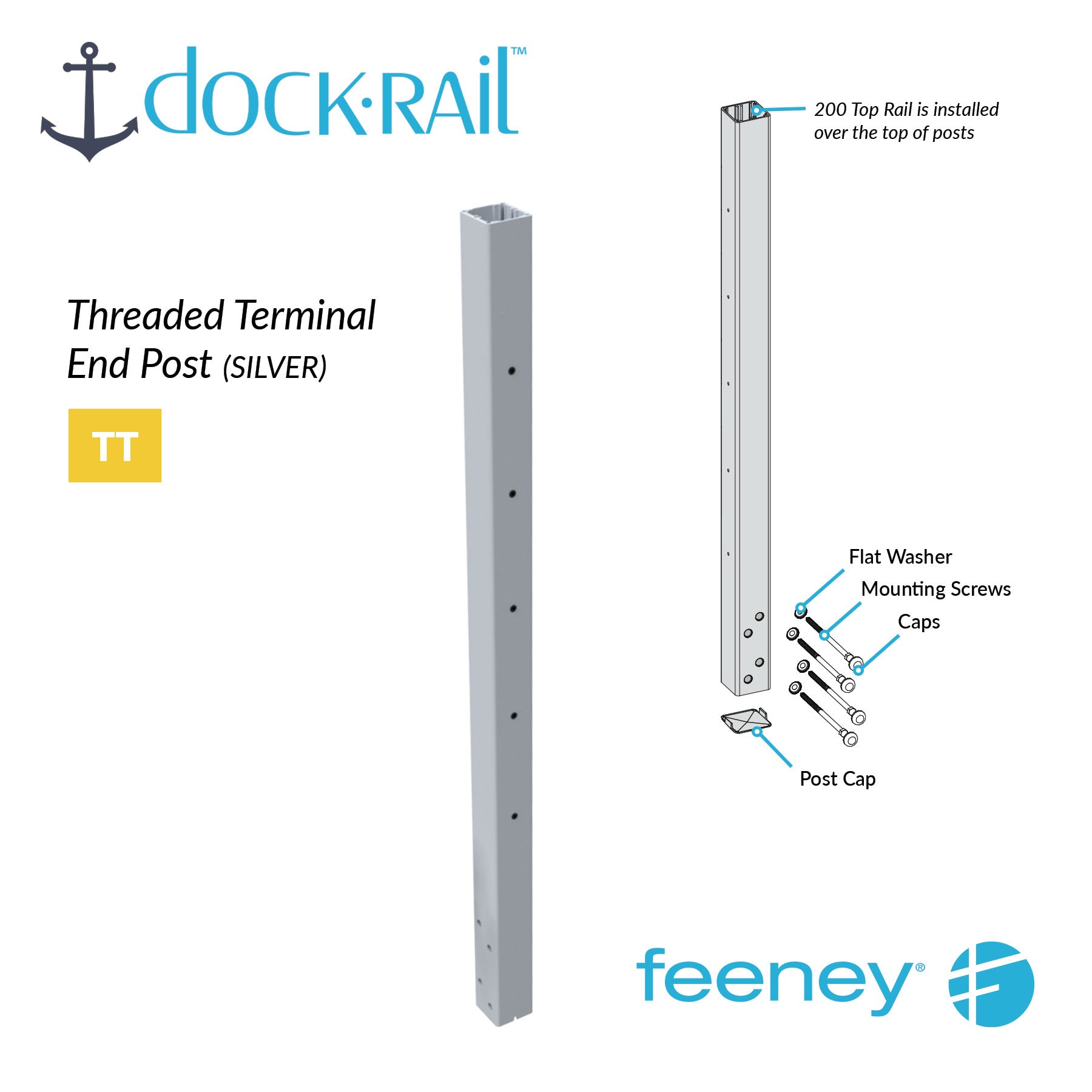 Dock Rail threaded terminal end post with installation diagram on a white background