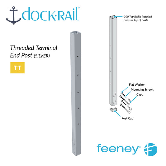 Dock Rail threaded terminal end post with installation diagram on a white background