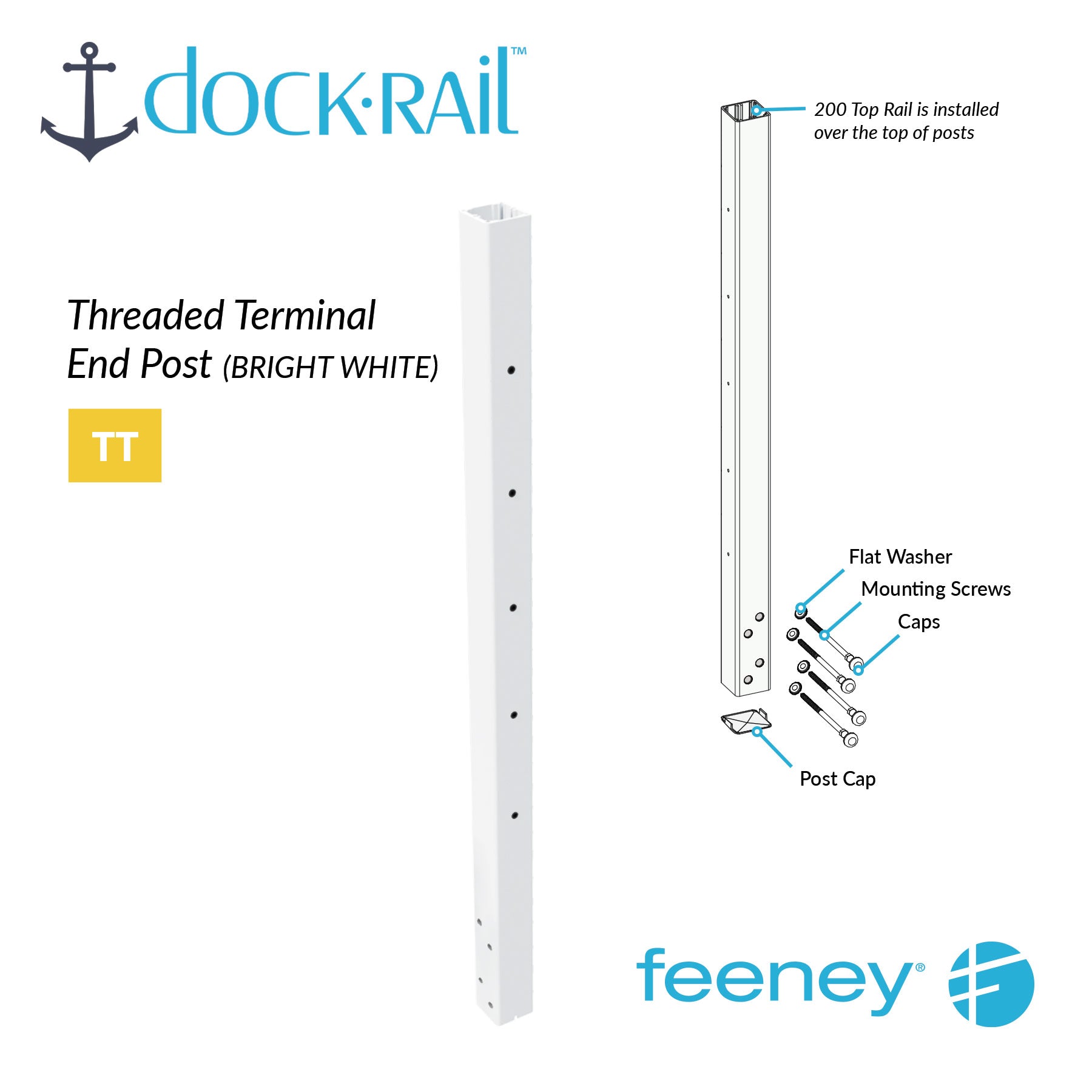 Dock Rail threaded terminal end post with installation diagram on a white background
