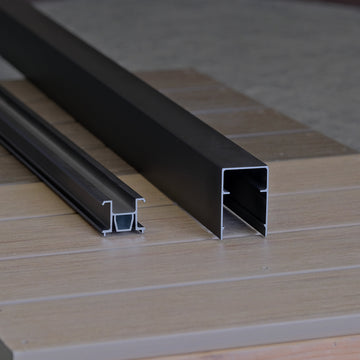 RDI Elevation Rail on the left, and cover on the right, accommodate the level or stair elevation rail kits to complete the rail between posts (not included) 