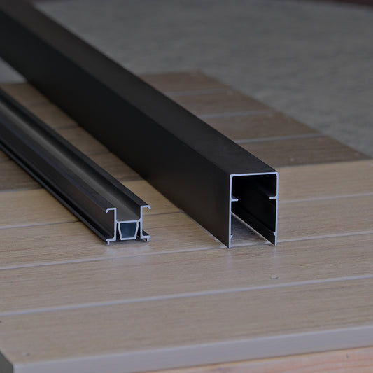 RDI Elevation Rail on the left, and cover on the right, accommodate the level or stair elevation rail kits to complete the rail between posts (not included) 