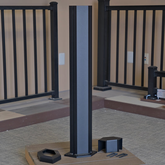 Elevation 90 degree corner post accepts top rail and level or stair rail kits to transition rail at a 90-degree angle.