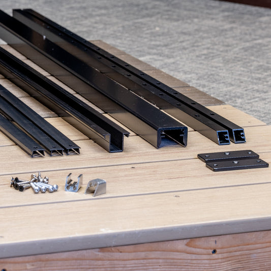 Feeney Modern Matte Black SR Stair Rail Kit includes top mounting rail and top rail series 250, bottom rail covers, vertical modern stair pickets, modern stair picket brackets, RBC bracket hardware and screws. 