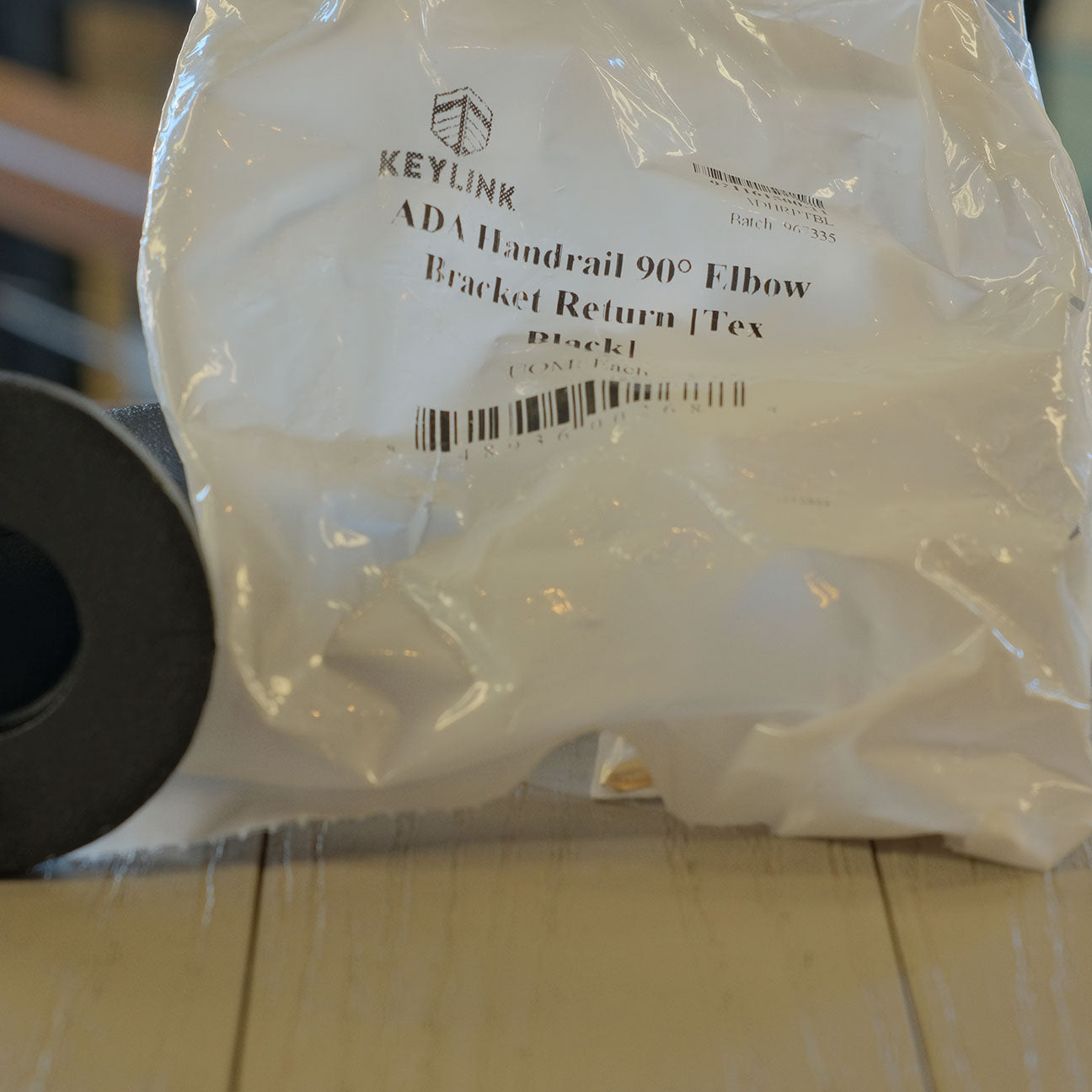 KeyLink ADA Handrail 90-Degree Elbow Bracket Return Tex Black in packaging 