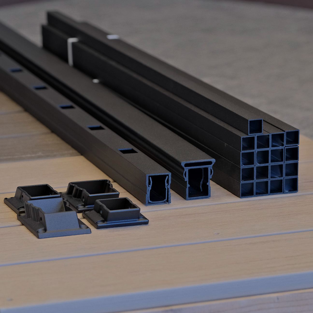 KeyLink American Vertical Picket Baluster Rail Kit, All Aluminum with vertical square balusters, top and bottom rail, and stair rail bracket to post 4/pk with screws. 