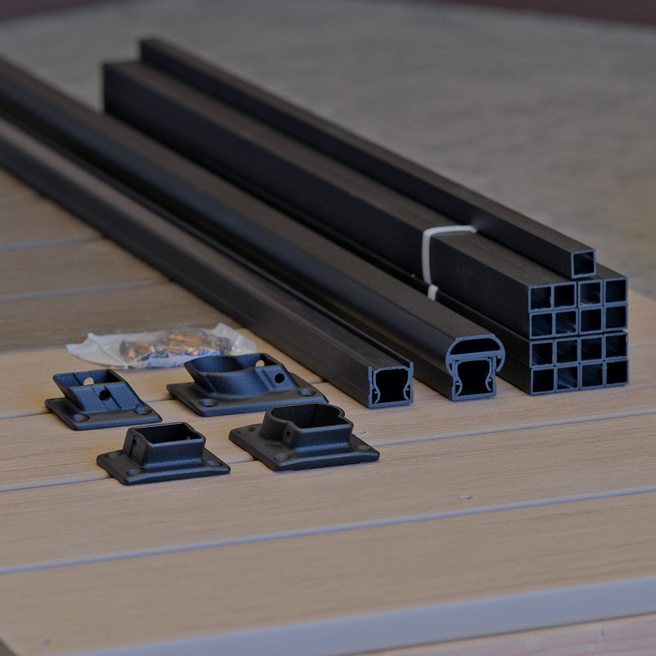 KeyLink Outlook 8 foot stair rail kit has two rails, stair balusters, stair rail-to-post brackets, and screws.