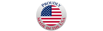 A circular badge featuring the American flag in the center with the text 'PROUDLY MADE IN THE USA' in blue and red lettering on a white background.