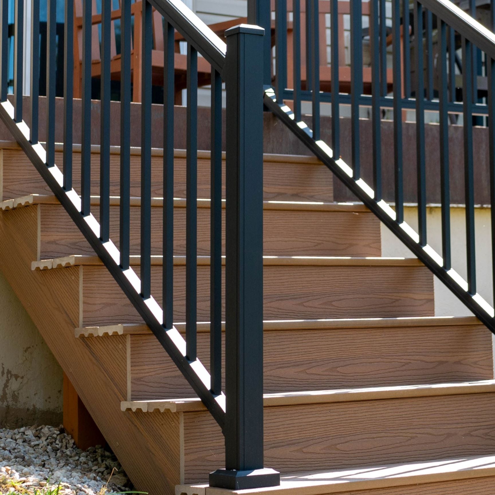 Advantage 44" Post (cap and flair not included) is used at the bottom of stair railing. Railing sold seperatly.