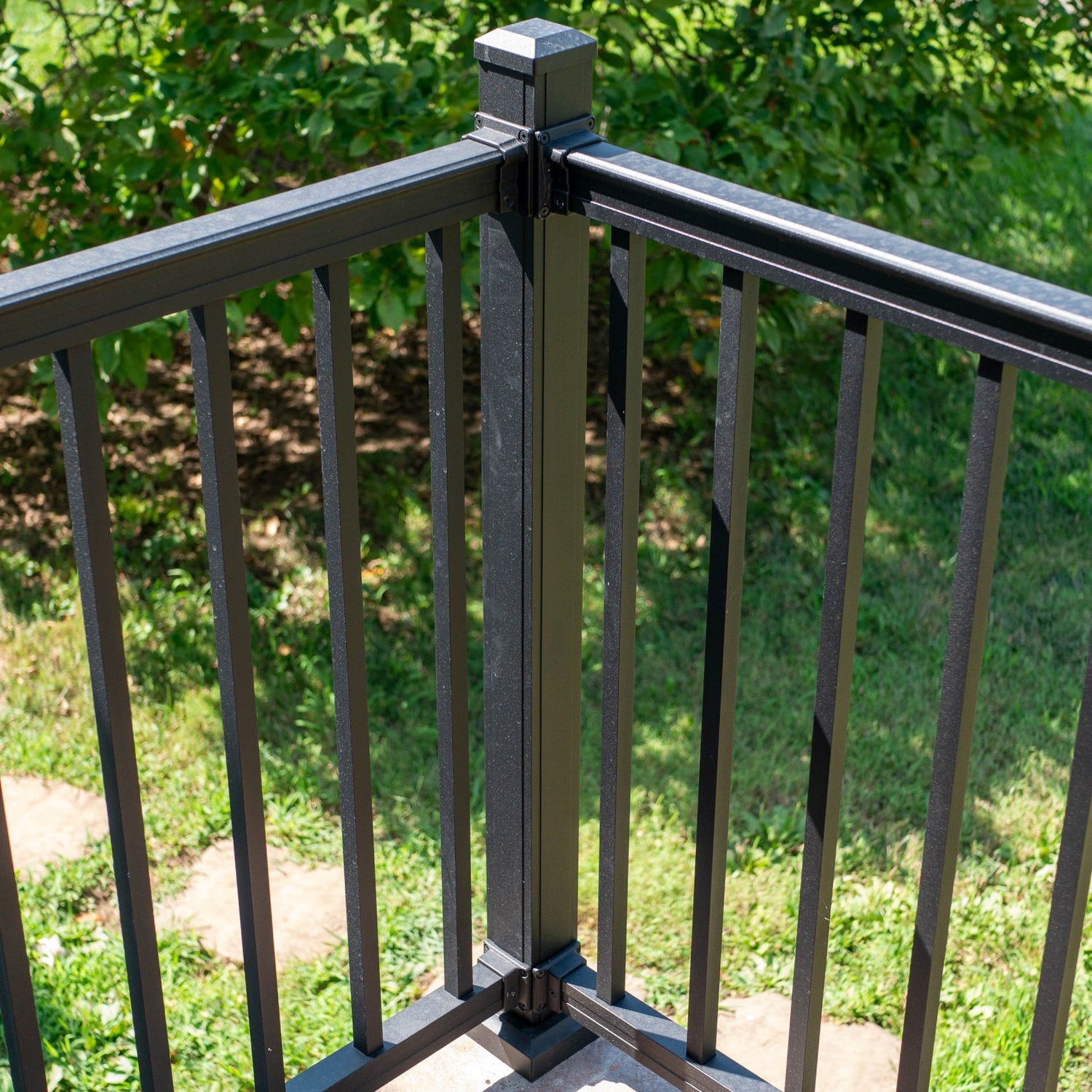 Advantage Post showen as a corner post with railing attaching on adjacent sides. 38 inch advantage posts are used for level railing, but do not include brackts, rails, balusters, cap or flair.