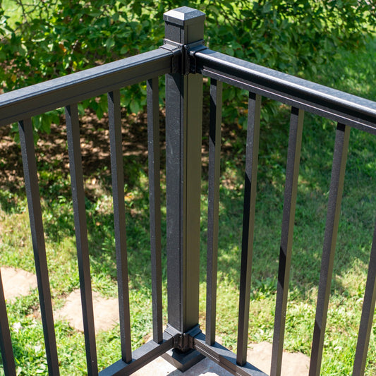 Advantage Post showen as a corner post with railing attaching on adjacent sides. 38 inch advantage posts are used for level railing, but do not include brackts, rails, balusters, cap or flair.