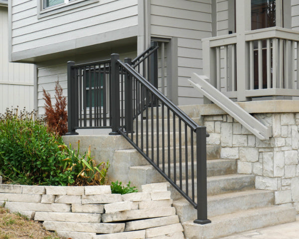 Bronze Aluminum Front Porch Handrail with side grab rail attached DekPro Prestige Railing and graspable handrail make for the best winter railing, very durable and easy to hold on to as you walk up the steps.